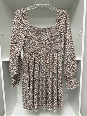 Floral Smocked Square-Neck Long Sleeve Dress - White & Brown